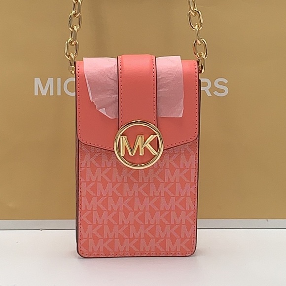 MICHAEL KORS CARMEN SMALL NORTH SOUTH PHONE XBODY GRAPEFRUIT SIGNATURE COLOR - Picture 4 of 16